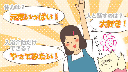 体力は?元気いっぱい!人と話すのは?大好き!入浴介助だけできる?やってみたい!