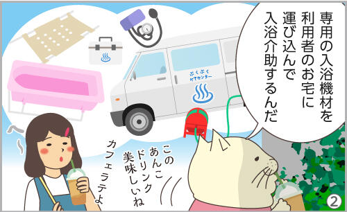 専用の入浴機材を、利用者のお宅に運び込んで入浴介助するんだ。