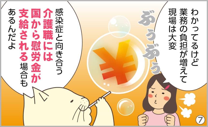 かってるけど、業務の負担が増えて現場は大変。感染症と向き合う介護職には、国から慰労金が支給される場合もあるんだよ。