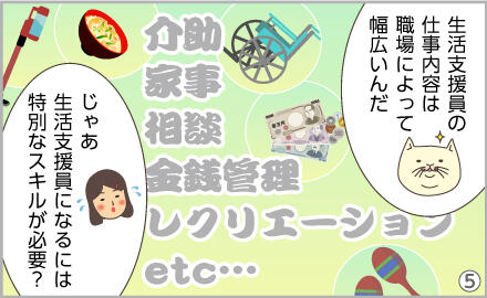 生活支援員の仕事内容は職場によって幅広いんだ。え~、じゃあ、生活支援員になるには特別なスキルが必要?
