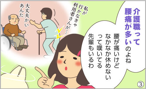 介護職って腰痛が多いのよね。腰が痛いけどなかなか休めないって嘆いてる先輩もいるわ